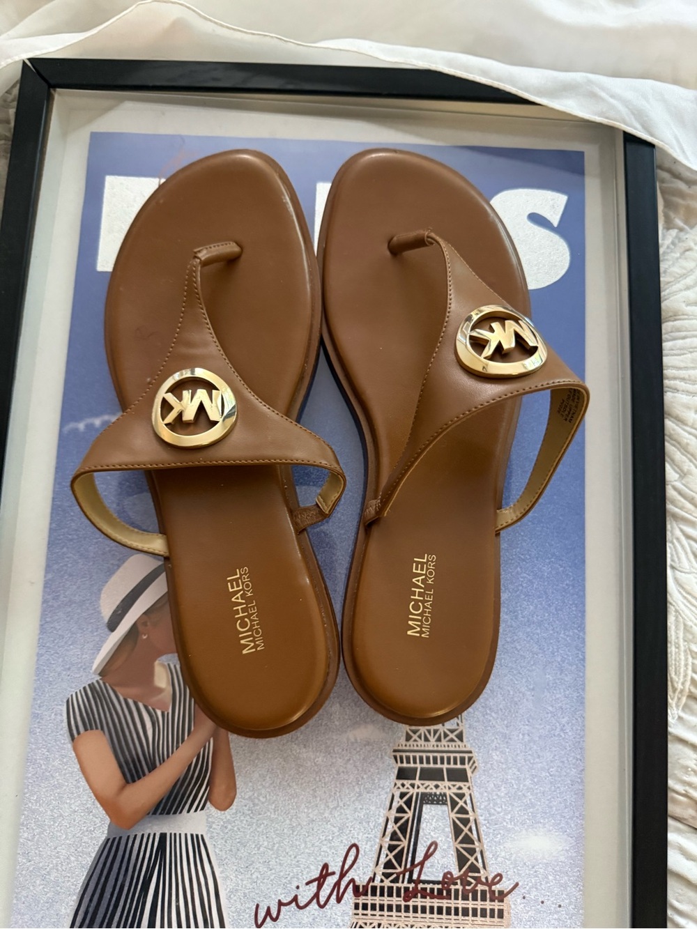 Michael Kors Tan Leather Logo Thong Sandals with Gold Emblem